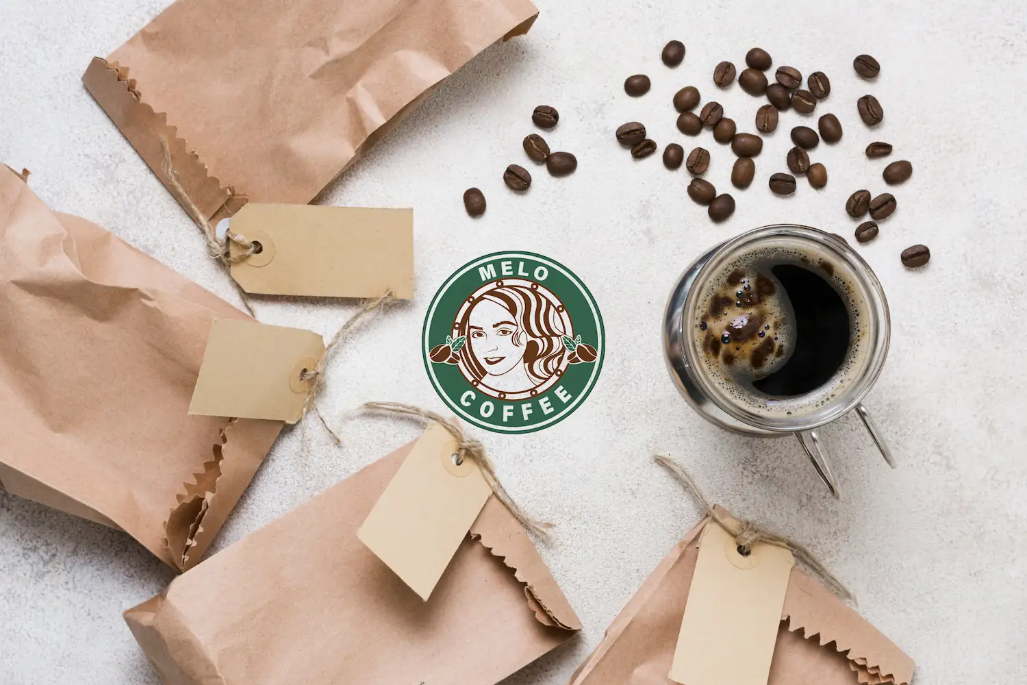 top view coffee paper bags with melocoffee logo