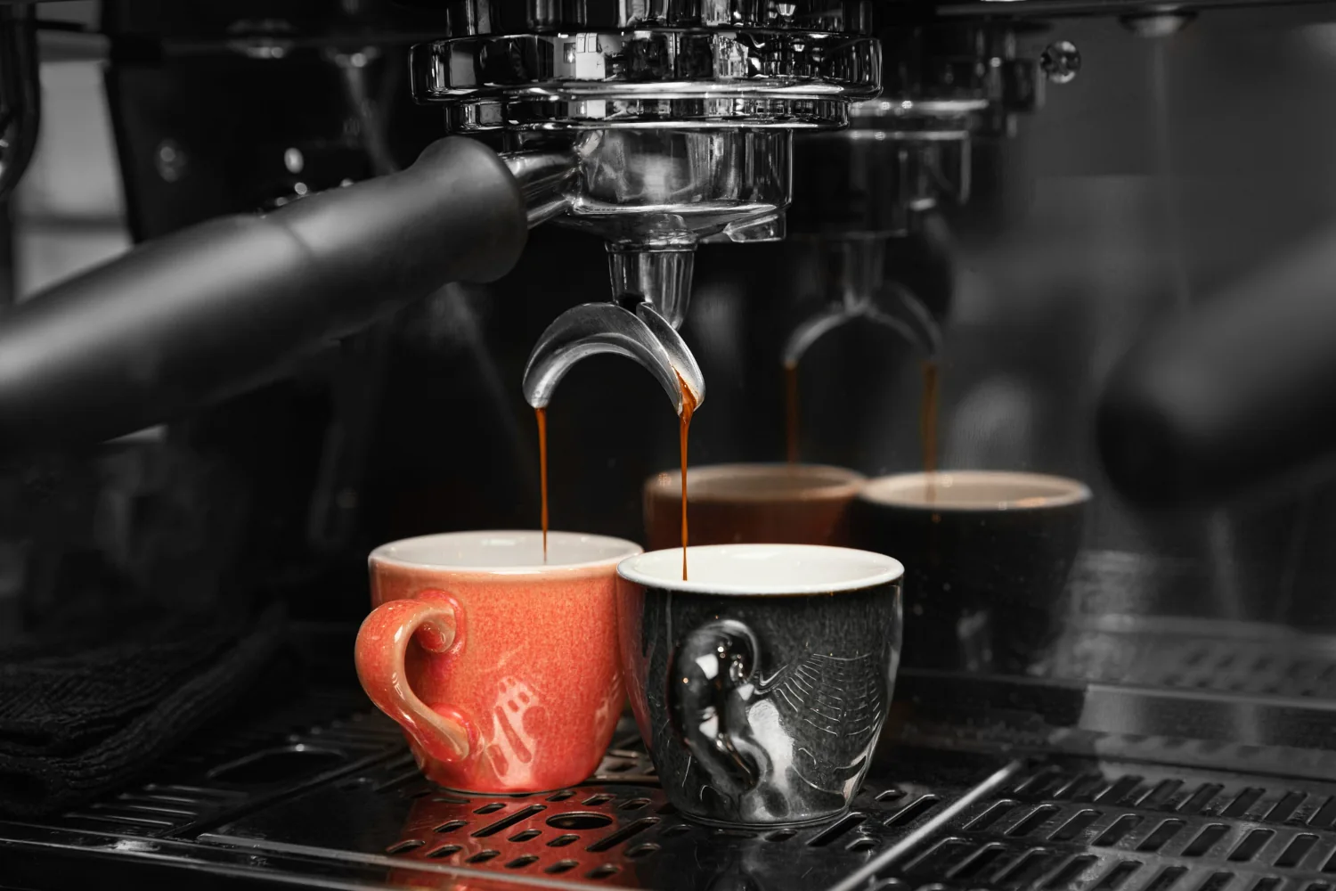 2 cup pouring coffee from industrial coffee machine